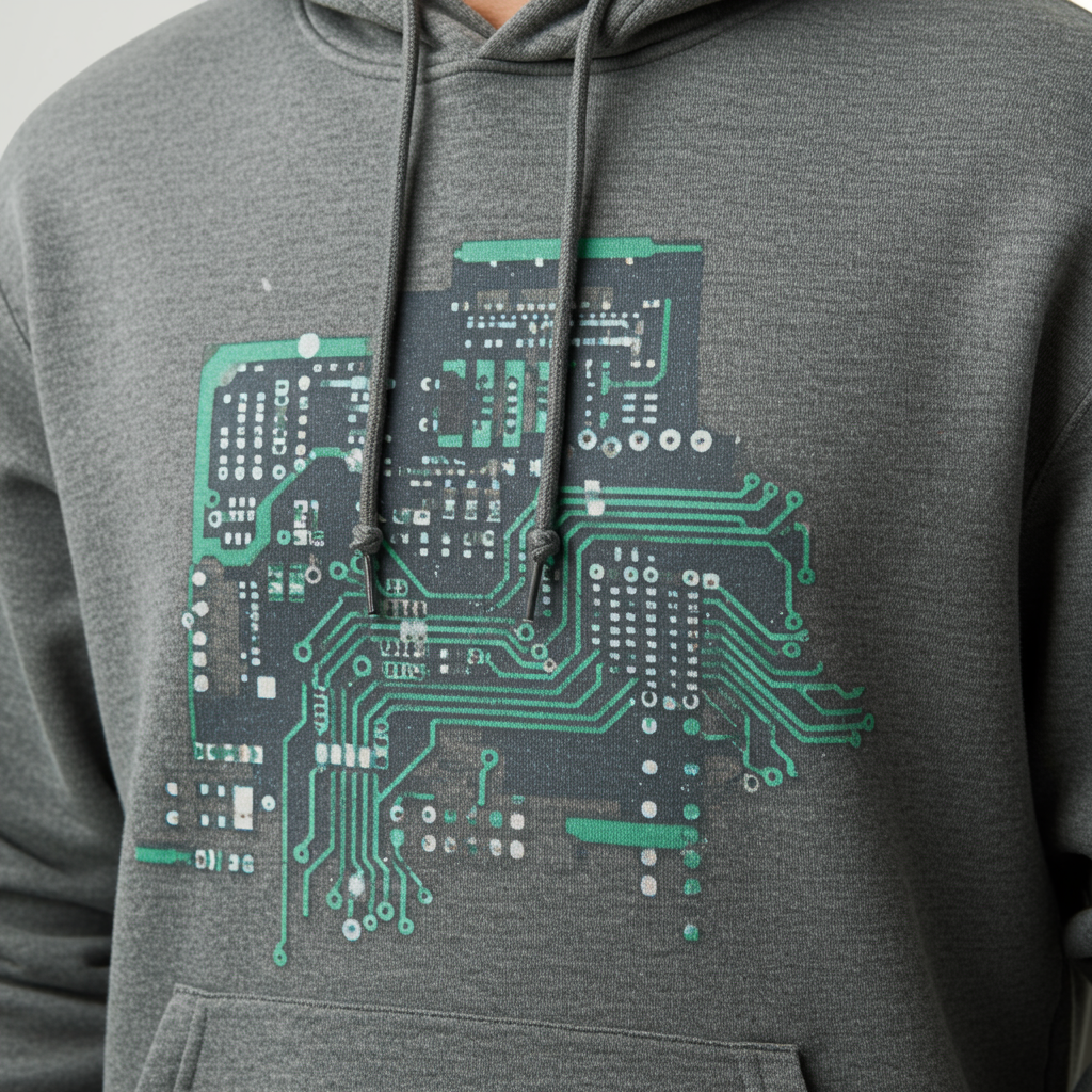 Grey hoodie with subtle circuit board print